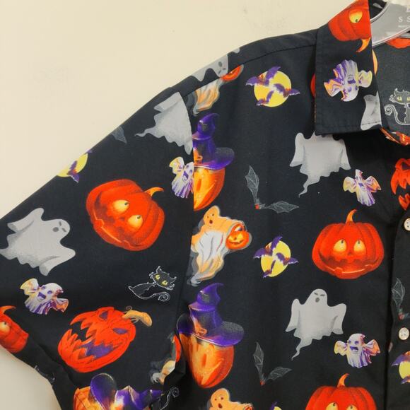 SSLR Halloween pumpkin graphic short sleeve button front shirt men's size medium - Picture 2 of 6